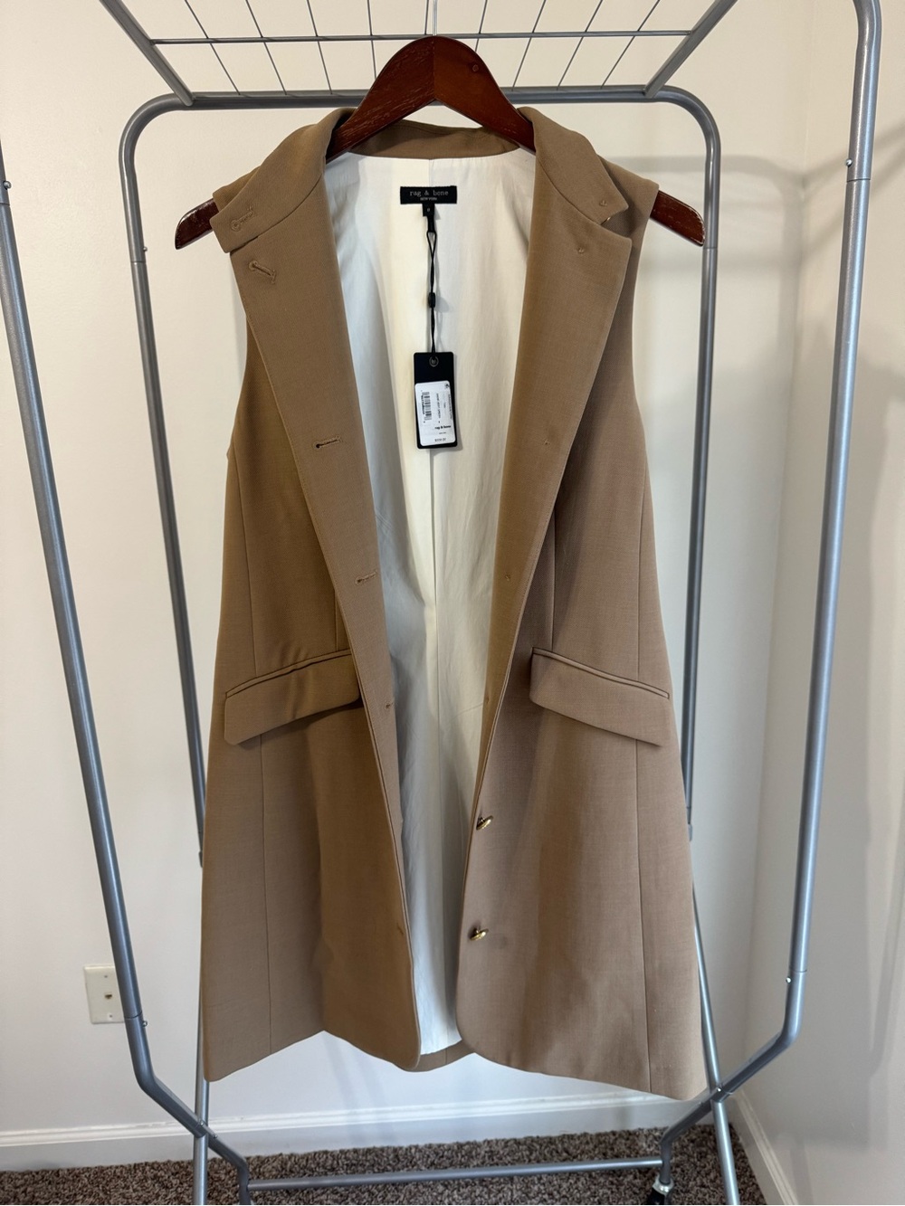 Rag & Bone Sadie Vest Dress Tan Wool Blend Gold Button Sleeveless Size 8 NWT